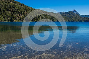 Lago Espejo Grande near Villa la Angostura in Neuquen Province, Argentina. Beautiful sunset on Lago Espejo Grande