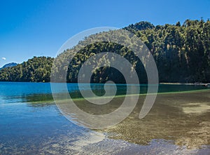 Lago Espejo Grande near Villa la Angostura in Neuquen Province, Argentina. Beautiful sunset on Lago Espejo Grande