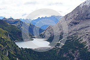 Lago Fedaia Fedaia Lake, Fassa Valley, Trentino Alto Adige, an artificial lake and a dam near Canazei city, located at the foot