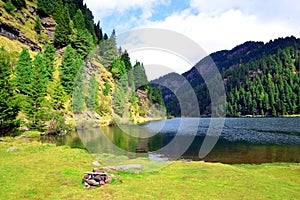 Lago Lagorai in Dolomite Alps, Val di Fiemme, South Tyrol, Italy.