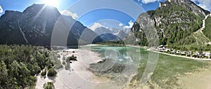 Lago Landro - Panoramica aerea dall\'alto del paesaggio sulle Dolomiti di Sesto photo