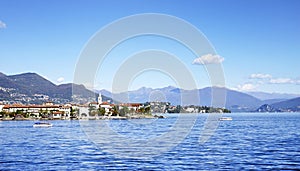 Lago Maggiore and Isola dei Pescatori seen from the shore of Stresa town. Lago Maggiore, Italy, Europe, end october 2016