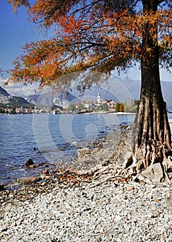 Lago Maggiore and Isola dei Pescatori seen from the shore of Stresa town. Lago Maggiore, Italy, Europe, end october 2016