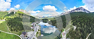 Lake Misurina - Aerial overview of the landscape of the Sesto Dolomites from above photo