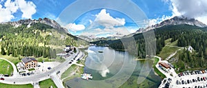 Lago Misurina - Panoramica aerea dall\'alto del paesaggio sulle Dolomiti di Sesto photo