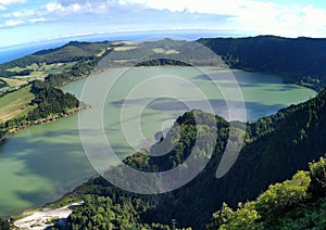 Lagoa das Furnas, crater lake in the volcanic formation of Furnas, Sao Miguel Island, Azores, Portugal