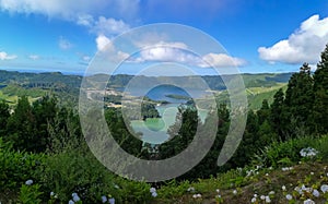 Lagoa das Sete Cidades is located on the island of Sao Miguel, Azores and is characterized by the double coloration of its waters