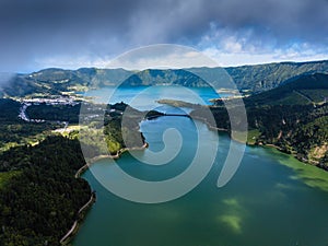 Lagoa Verde and Lagoa Azul, lakes in Sete Cidades volcanic craters on San Miguel island, Azores.