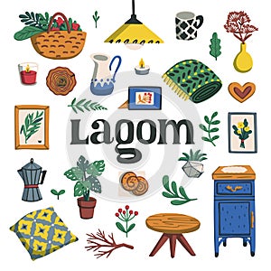 Lagom. Concept of Scandinavian lifestyle. Illustration with lagom lettering and cozy home things like pillow, plants photo
