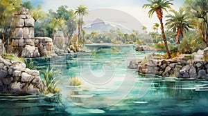 Lagoon Of Mexico Watercolor Scenery With Palm Trees photo