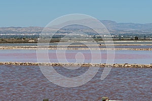 Lagoons of various colors with mountains in the background in the Salinas del Pinet, La Marina, Alicante, Spain