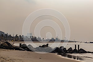 Lagos beaches; Landmark beach Victoria Island on a mid morning with harmattan haze