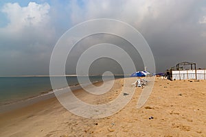 Lagos beaches; Oniru beach Victoria Island on a mid morning with harmattan haze