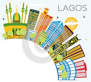 Lagos Nigeria City Skyline with Color Buildings, Blue Sky and Co photo