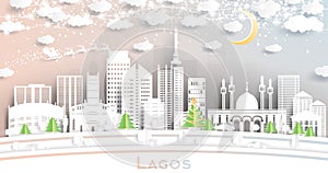 Lagos Nigeria City Skyline in Paper Cut Style with Snowflakes, Moon and Neon Garland