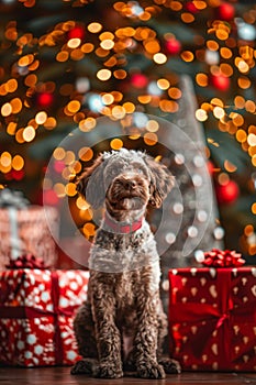 Lagotto romagnolo puppy by christmas tree with decorative festive gifts and copy space