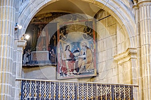 Laguardia, Alava, Spain. March 30, 2018: Detail of a polychrome painting of medieval style located in one of the lateral arches of