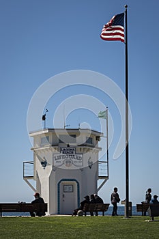 Iconic Laguna Beach lifeguard tower on a sunny winter day