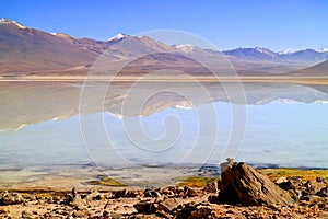 Laguna Blanca or `The White Lake` in Eduardo Avaroa Andean Fauna National Reserve, Potosi Department, Bolivia