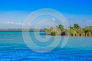 Laguna de Bacalar Lagoon in Mayan Mexico at Quintana roo, seven color lake