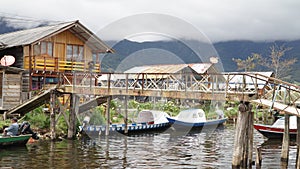 Laguna de la Cocha at El Encano with wooden briges and stilt houses near Pasto, Colombia.