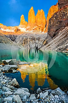 Laguna torres with the towers at sunset, Torres del Paine National Park, Patagonia, Chile