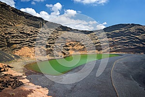 Laguna Verde, a green lake near the village of El Golfo in Lanzarote, Canary islands, Spain