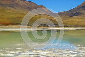 Laguna Verde or the Green Lake with the reflection of Lincancabur Volcano, Andean Plateau, Potosi, Bolivia