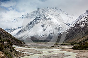 Lahaul valley in Himalayas with snowcappeped mountains. Himachal Pradesh, India