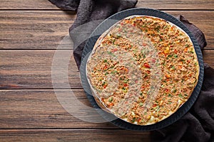 Lahmacun homemade turkish delicious dough pizza with minced beef or lamb meat