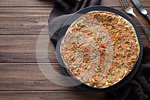 Lahmacun homemade turkish delicious pizza with minced beef or lamb meat