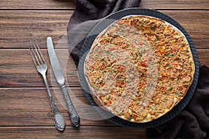 Lahmacun traditional turkish delicious armenian pizza with minced beef or lamb meat