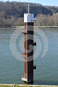 Lahnstein, Germany - 03 24 2021: Rhine harbor, pylon in the water not at the wall