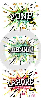 Lahore, Chennai and Pune Comic Text Set in Pop Art Style