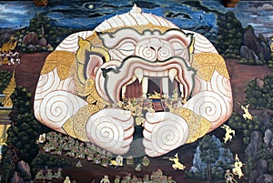 Lai thai art painting on wall in temple