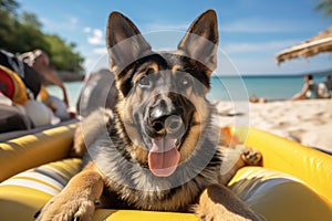 Laid-Back German Shepherd Unwinding on Vacation on the beach. Generative AI