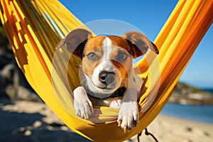 Laid-Back Jack Russell: Unwinding on Vacation on the beach. Generative AI