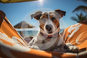 Laid-Back Jack Russell: Unwinding on Vacation on the beach. Generative AI