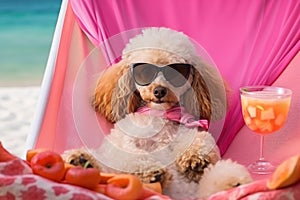 Laid-Back Poodle: Unwinding on Vacation on the beach. Generative AI