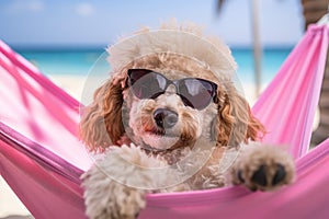 Laid-Back Poodle: Unwinding on Vacation on the beach. Generative AI