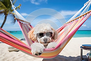 Laid-Back Poodle: Unwinding on Vacation on the beach. Generative AI