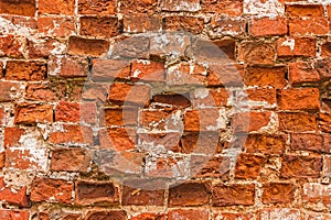 The laid rows of bricks in the wall of an ancient monastery