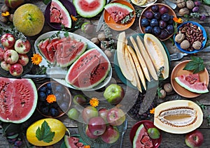 Laid table with fresh natural fruits grown on our own land. Vegetarian food