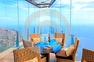 Laid table on the glass skywalk, Agulo, Island La Gomera, Canary Islands, Spain, Europe photo