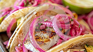 A laidback beach vibe and mouthwatering fish tacos featuring grilled tilapia pickled red onions and creamy avocado photo