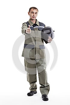 Laik from the welder with protective workwear over white background