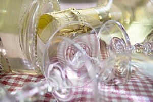 Lain white wine bottle and flute glasses