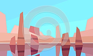 Low poly reflection of rocks in lake