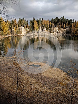 Lake in Adrspach rock town in Czech Republic in autumnal aura