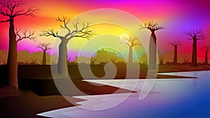 Lake in Africa savanna with Baobab trees landscape with colorful sky